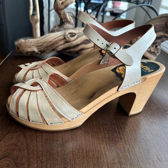 Swedish Hasbeens clogs EU 39 US 9 Sky High Leather Woven Wood Heel sandals heels - Picture 5 of 9
